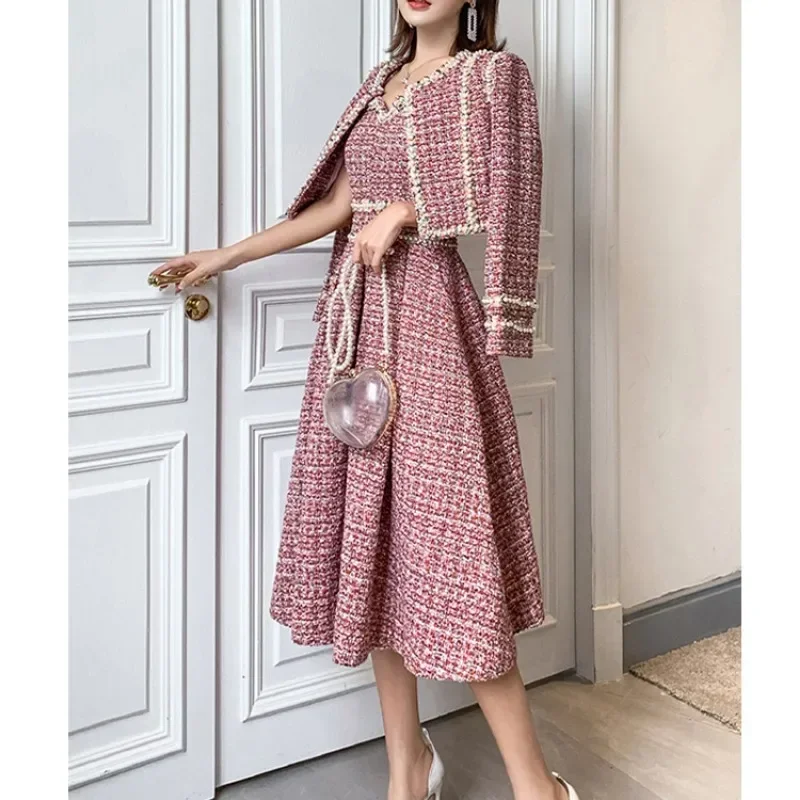 Vintage engrossar tweed jaqueta + miçangas vestido feminino inverno outono elegante 2 peça define feminino pista design vestido conjuntos