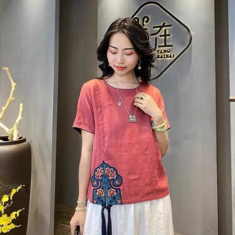 

Women Ethnic Floral Embroidered Linen Cotton Blouse Round Neck Short Sleeve Casual Shirt