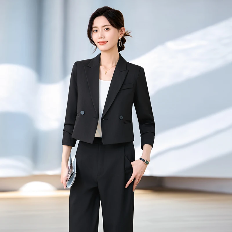 NAVIU Set da due pezzi Completi da donna 2025 Nuove signore da ufficio Elegante manica lunga Allentato Solido Giacca corta e pantaloni Abbigliamento da lavoro