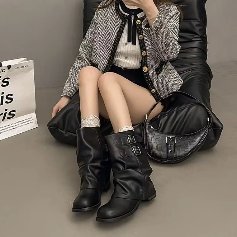 Women Black Slouchy Mid Calf Boots Double Buckle Decor Low Block Heel Zipper Closure Retro Pleated Ladies Daily Casual Footwear - view 4