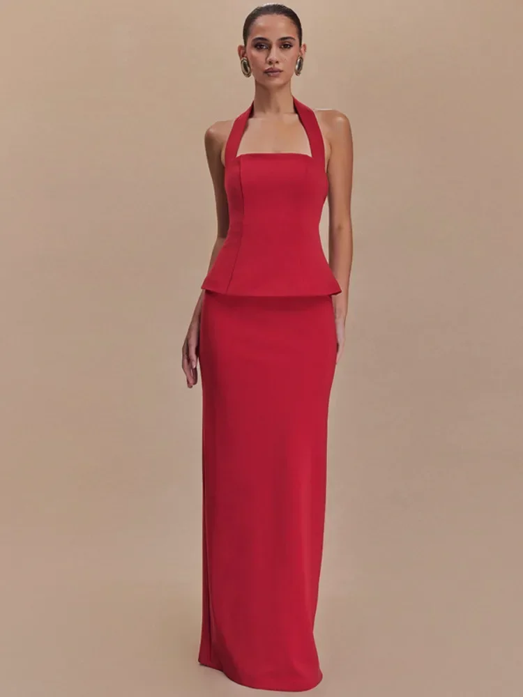 

Backless Sexy 2 Piece Sets Women Solid Square Collar Halter Tops And Long Skirt Female Slim Fit Club Two Piece Sets