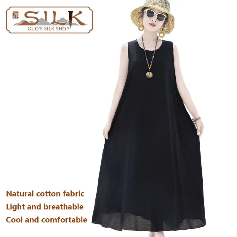 

Feng Baoyu Women's Cotton Silk Dress Sleeveless Long Style Evening Gown Home Leisure Wear Sleeping Clothes Comfortable Cool
