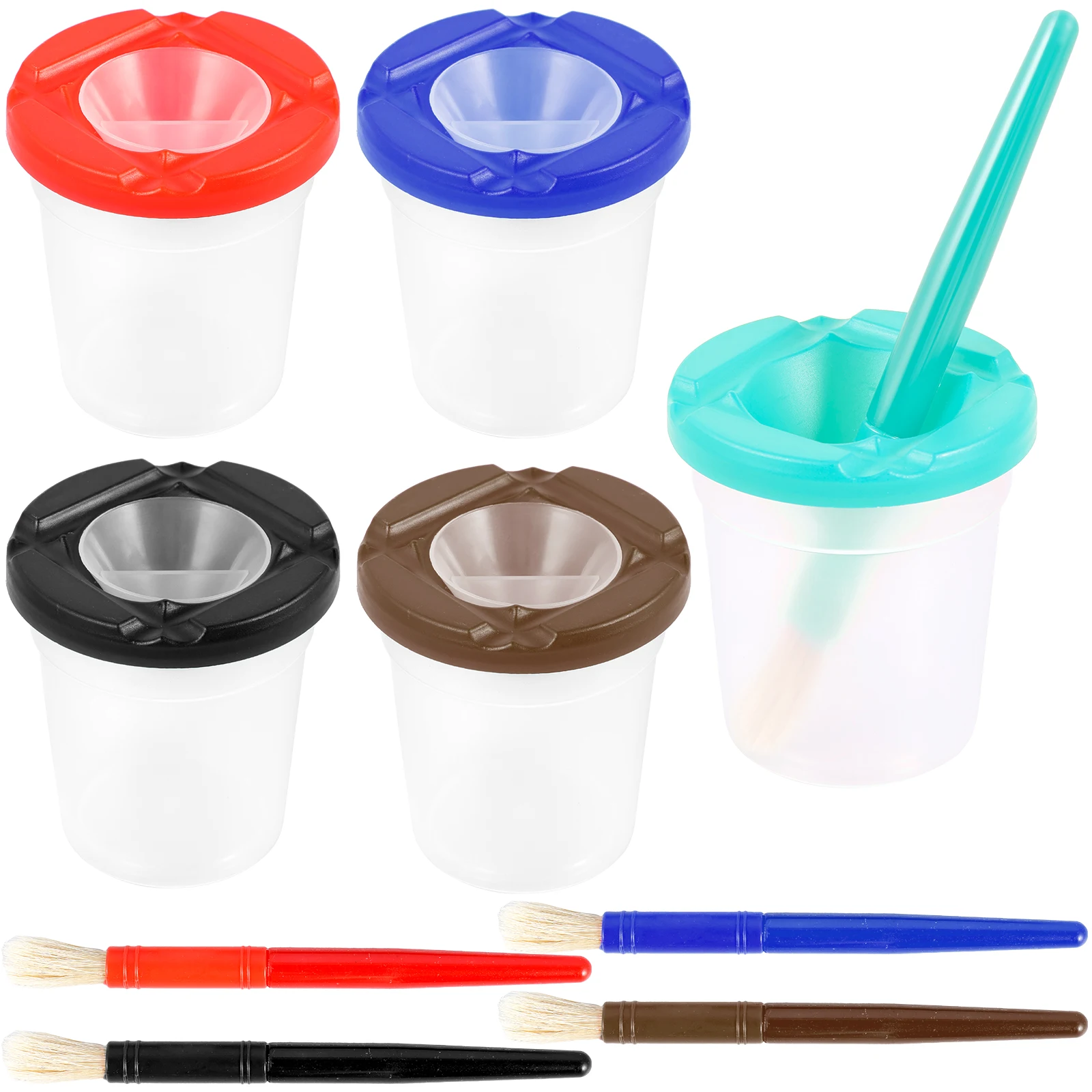 Vasos de pintura de plástico sin derrames con tapas de colores, juego de pinceles redondos grandes, pincel de pintura reutilizable, taza de agua para pintura infantil, 5/10 Uds.