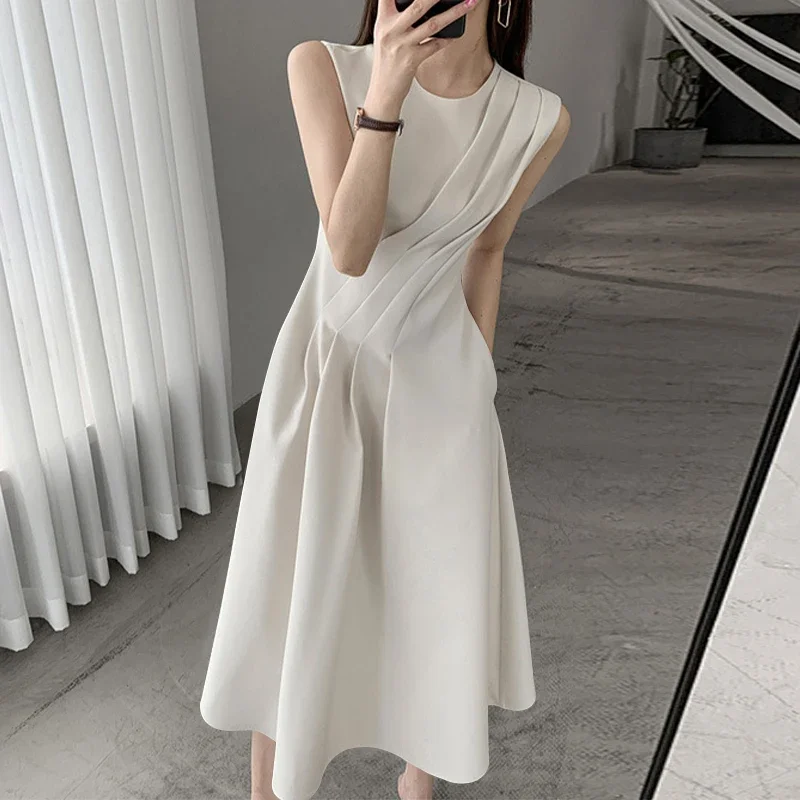 Robe trapèze pour femmes, couleur unie, col rond, sans manches, débardeur, élégante, tenue de soirée, été