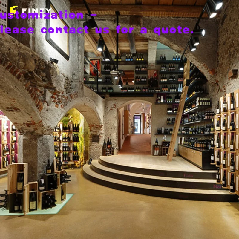 

custom.Customized Wine Shop Display Wooden Wine Furniture Rack Wall Mounted Design Large Fixture Wine Cellar Shelves