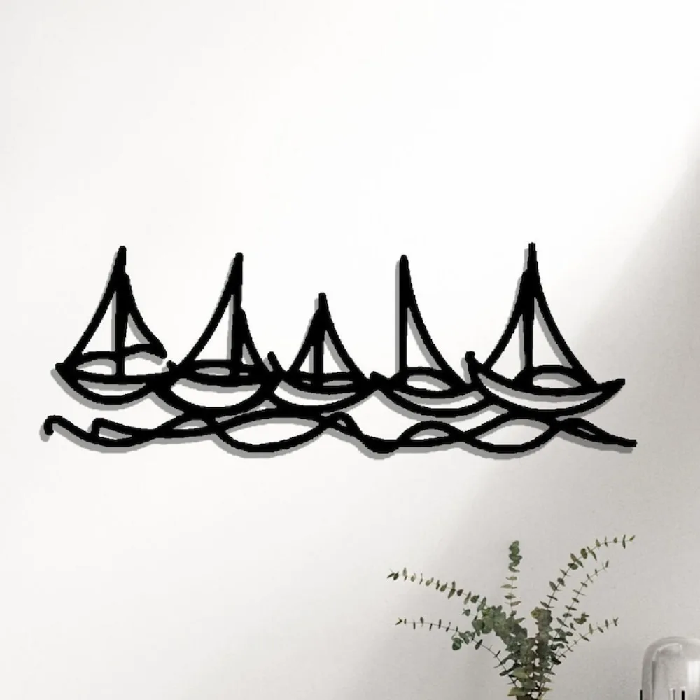 CIFBUY Wrought Iron Sailboat Wall Art, 5 Ship Fleet Line Metal Decor, Black Hollow Out Coastal Beach House Hanging, Nautical Liv
