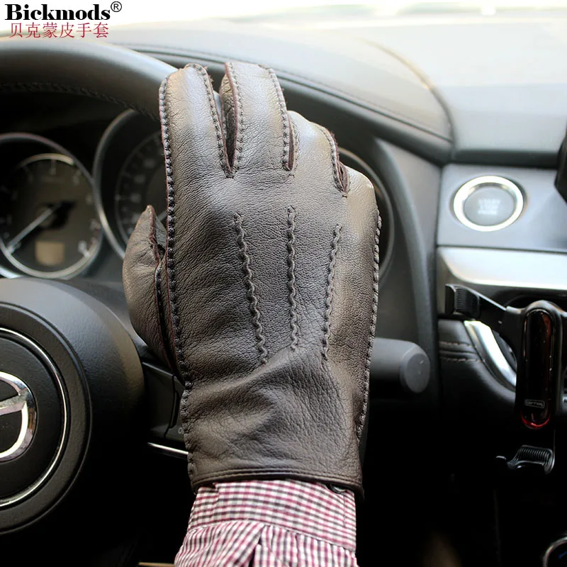 鹿革手袋メンズタッチスクリーン高品質レザー-2025-新しい手縫いの薄いウールの裏地は秋と冬に暖かく保ちます