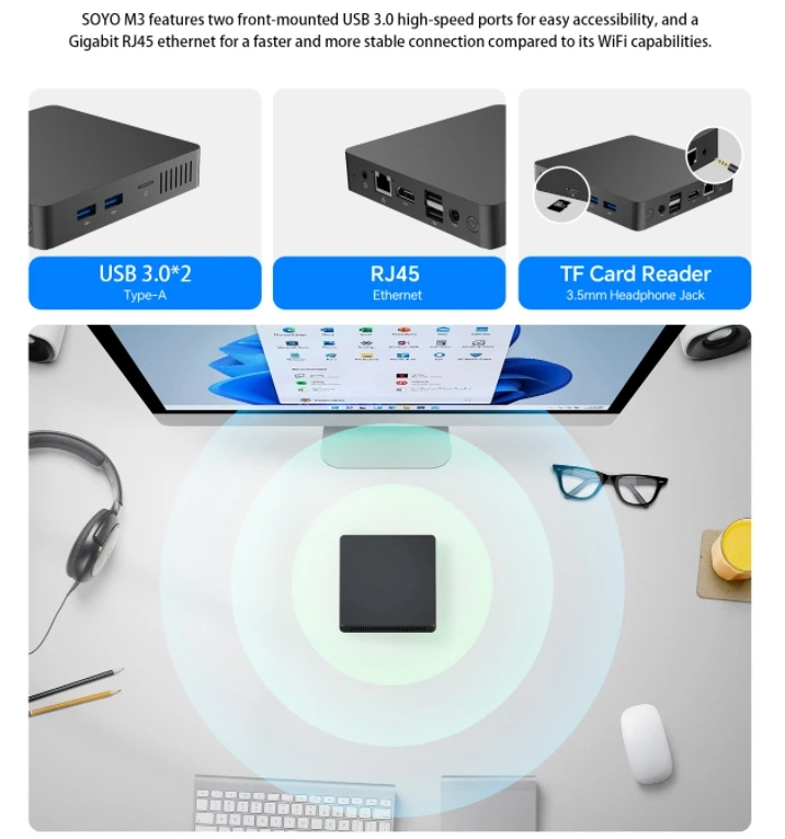 Meijie SOYO Mini PC M3, procesor: dwuzakresowy system WiFi Intel J3710 Window 10 Pro obsługuje Bluetooth HDMI, 8 GB RAM 256/512 GB ROM