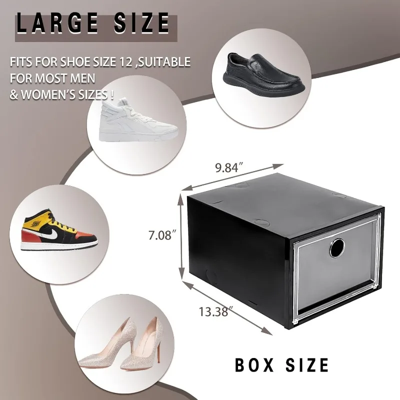 Clear Plastic Shoe Storage Box, Dobrável Container Bin, Empilhável Drop Front Organizer, Space Saving, Fit para EUA Tamanho 12, 12 Packs