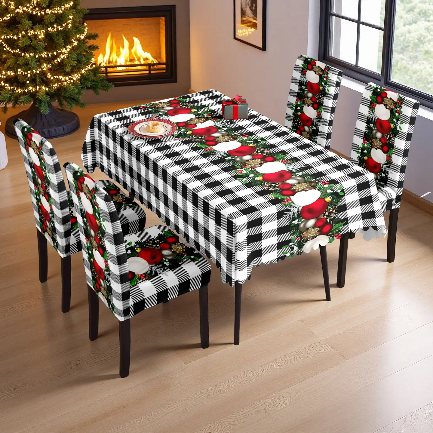 

5/7pcs Black White Plaid Christmas Ball Tablecloth Chair Slipcover Set Holiday Decor