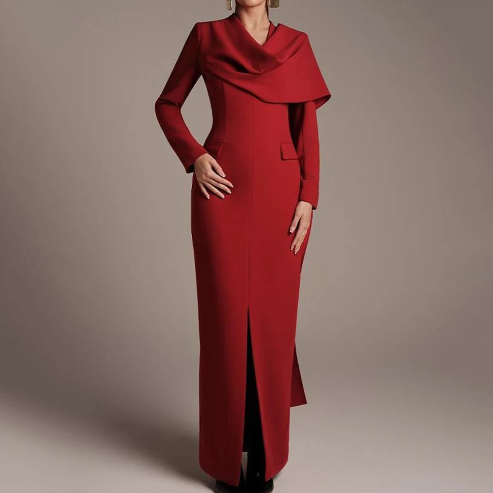 

Customized Straight Evening Dresses Ankle-length V-neck Full Sleeve Prom Gown Fashion Pockets Stole Simple Draped Party Gown