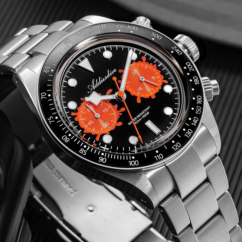 

ADDIESDIVE VK64 New Men Watches Chronograph Ceramic Bezel Super Luminous Quartz Wristwatch Domed Glass Diving 100m Waterproof