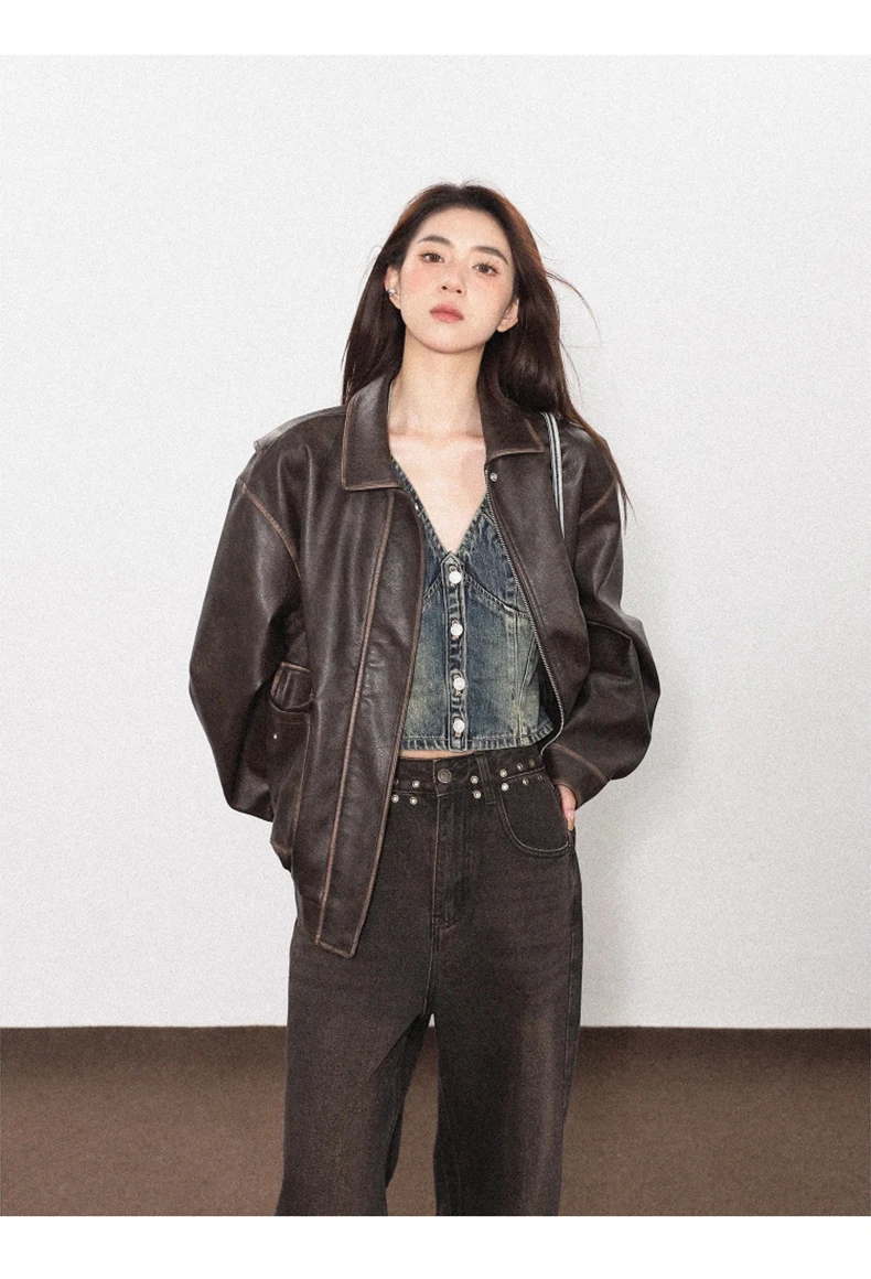 Lautaro Spring Autumn Cool Handsome Soft Vintage Distressed Brown Pu Leather Jacket Women Long Sleeve Luxury Designer Clothing