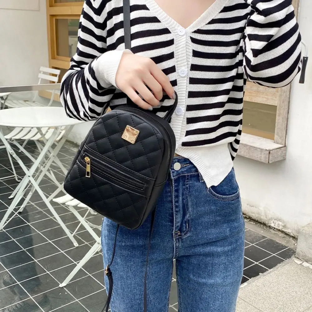 Mini Lingge Embroidery Small Backpack Fashion Solid Color Zipper Women Shoulder Bag Large Capacity PU Leather Travel Rucksack