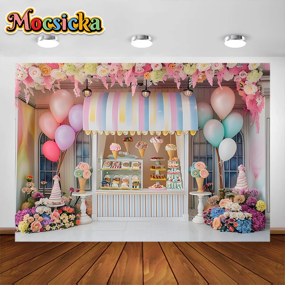 Mocsicka Ice Cream Photography Background Candy Store Party Decoration Supplies Cake Smash Kids Birthday Backdrops Studio Props