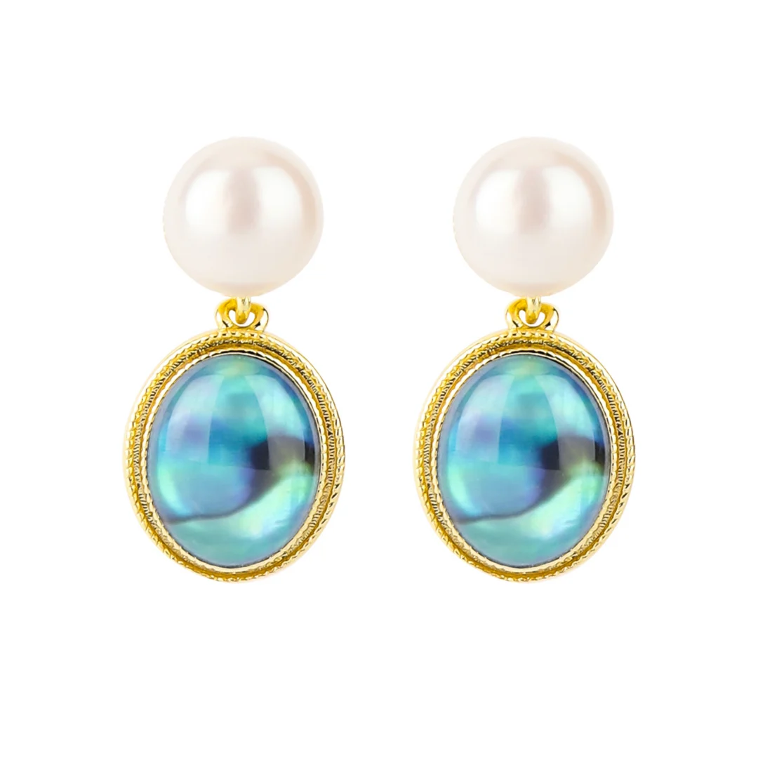 

Pearl Meets Shell--Freshwater Pearl Hanging Colorful Abalone Shell Studs Earring