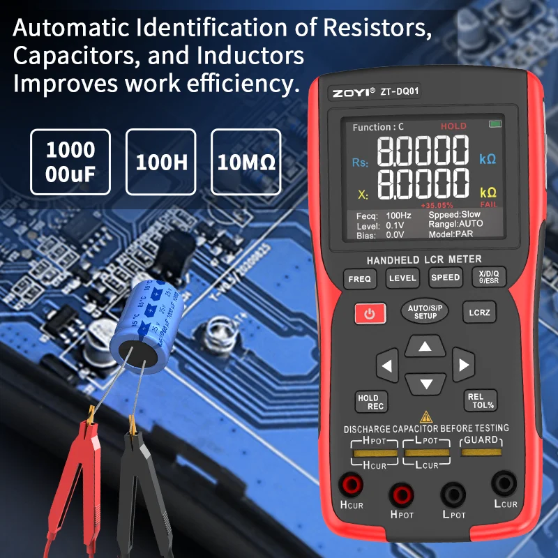 

ZOYI DQ01 LCR цифровой мостовой измеритель портативный высокоточный тестер емкости, индуктивности, сопротивления с цифровым дисплеем