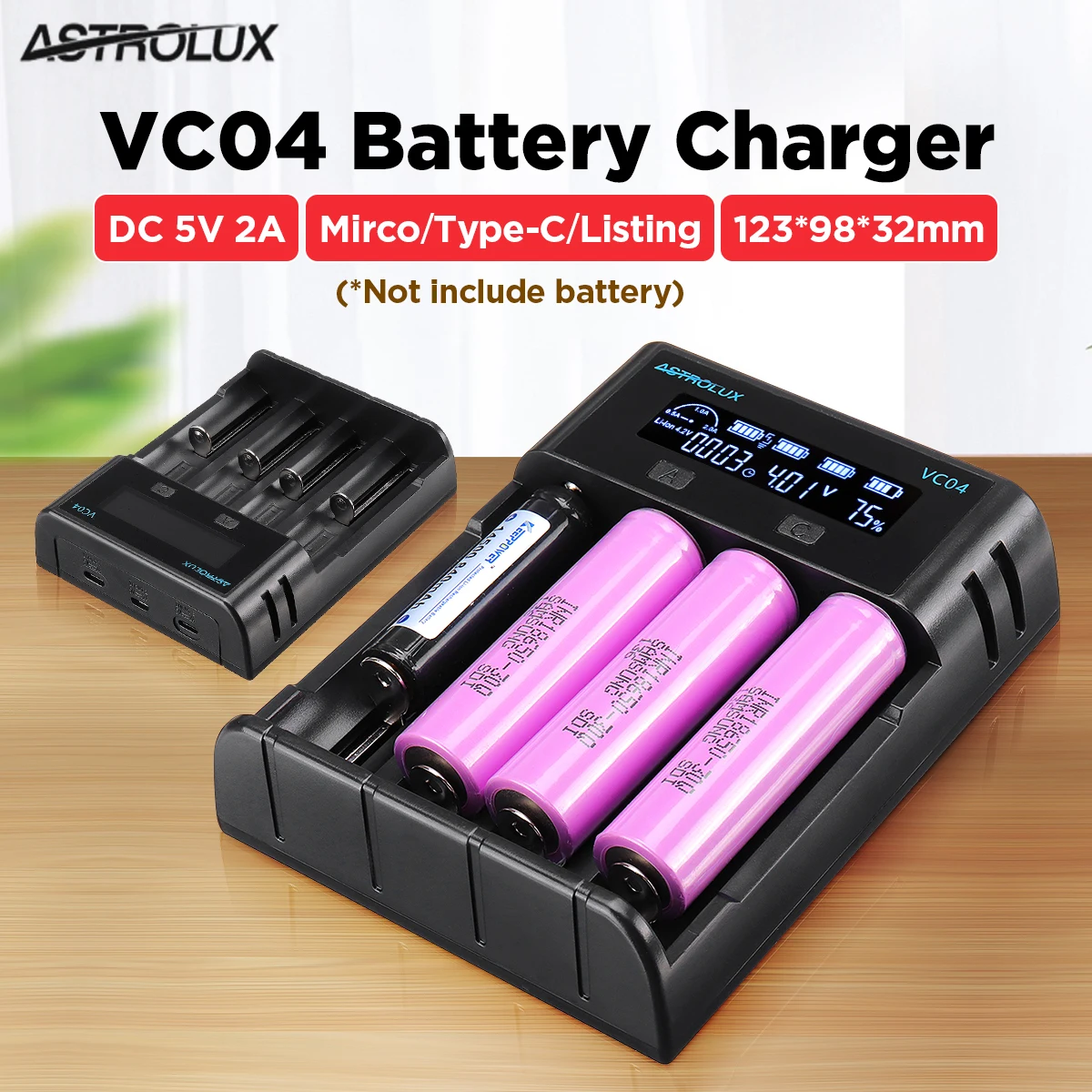 

Astrolux VC04 Micro Type-C 2A Quick Charge Li-ion Ni-MH Battery Charger Current Optional USB Charger For 18650 26650 21700 AA