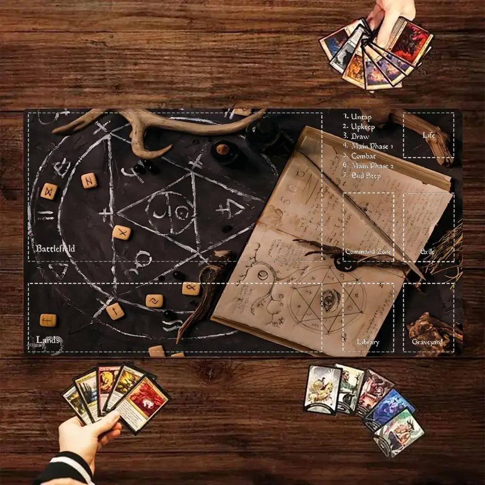 Dark Spell Book Rune Candle Pentagram MTG Playmat TCG Mat Anti-Slip Durable Stitched Edge 35X60CM Commander Gaming Deskpad