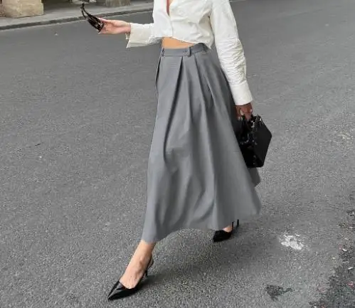 

Autumn High-End Gray Commuting Casual High Waisted Slim Pleated Skirt