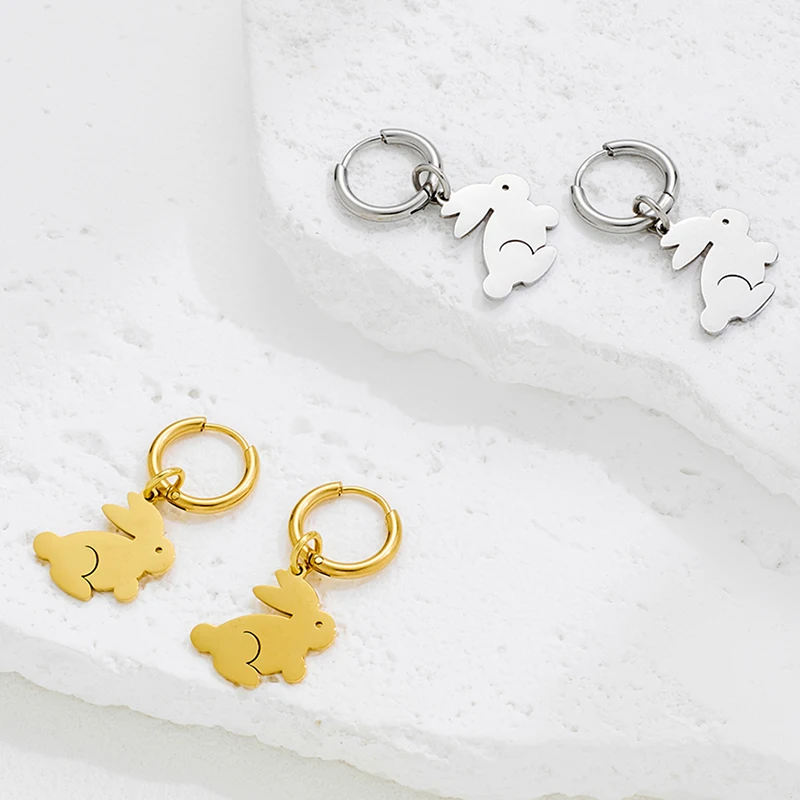 

Cute Rabbit Pendant Hoop Earrings for Women Korean Stainless Steel Animal Jewelry Girls Birthday Gifts Golden Bunny Ear Circle