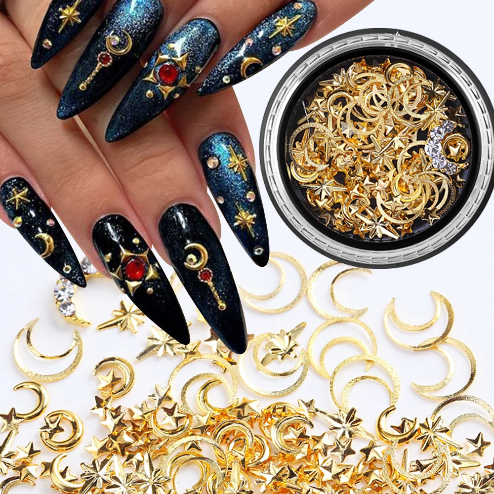 6 Boxes Nail Art New Star Moon Jewelry Rivet Mixed Set Metal Copper Sheet 3D Nail Rhinestones Studs Gold Nail Diamond Decoration