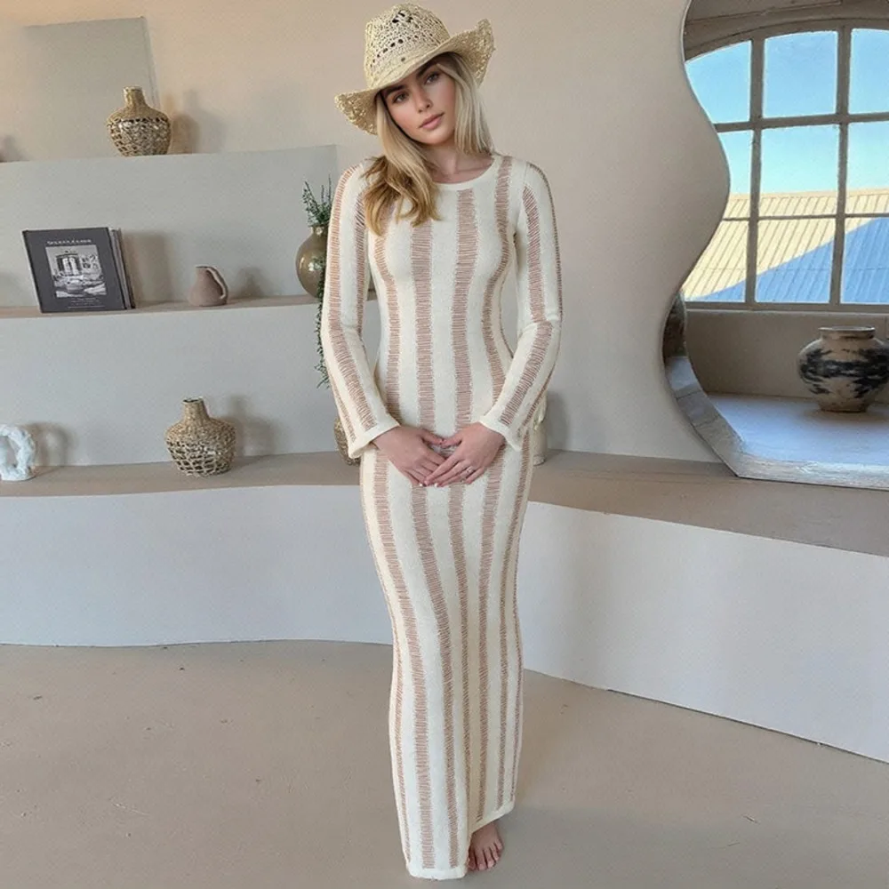 فستان ماكسي من Blifanbo مثير بفتحات مكشوفة الظهر للنساء بأكمام طويلة للخريف مرقع برقبة دائرية فستان حفلات للنوادي عالي الخصر