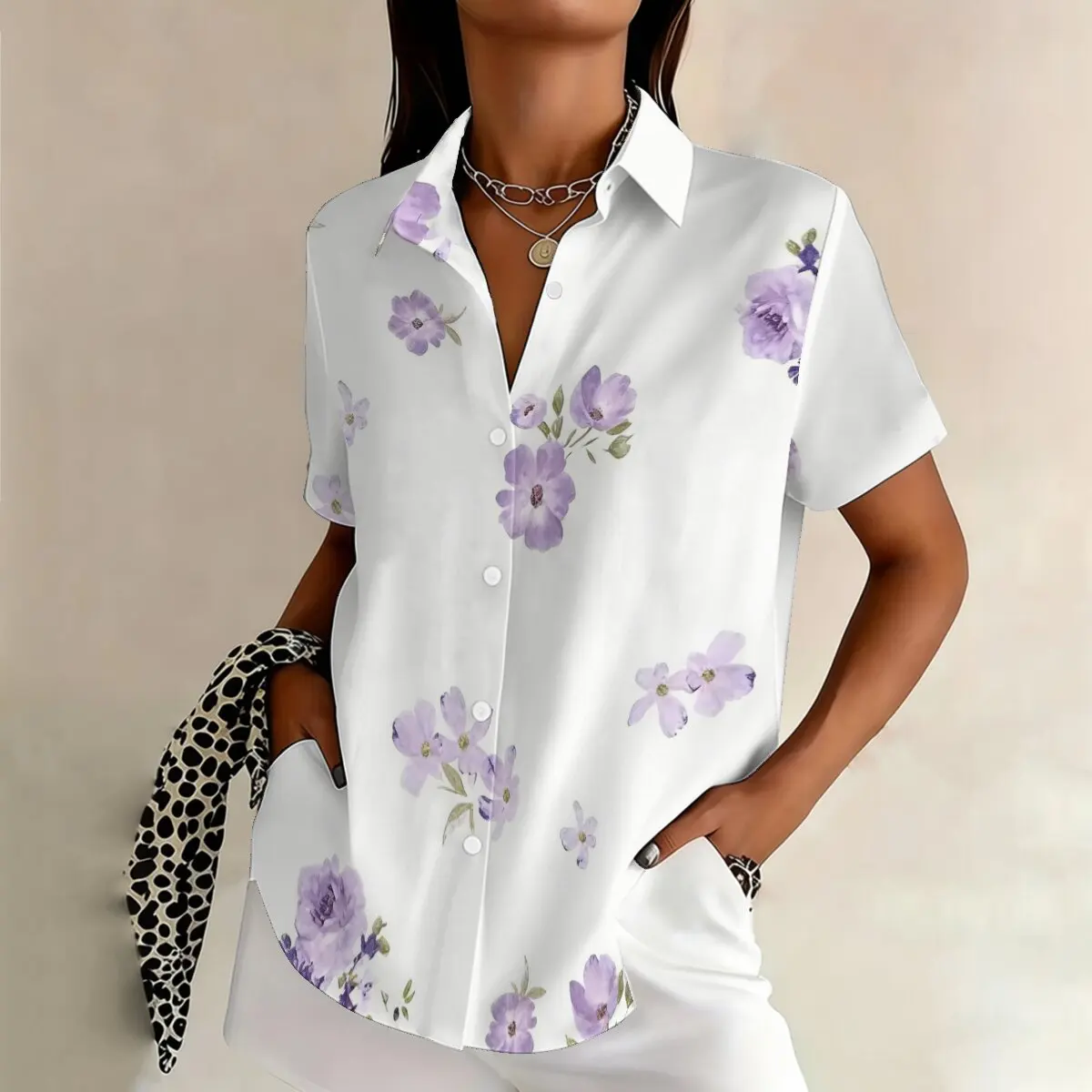 

Simple and personalized flower print summer women's plus size lapel short sleeved shirt fashionable daily versatile top