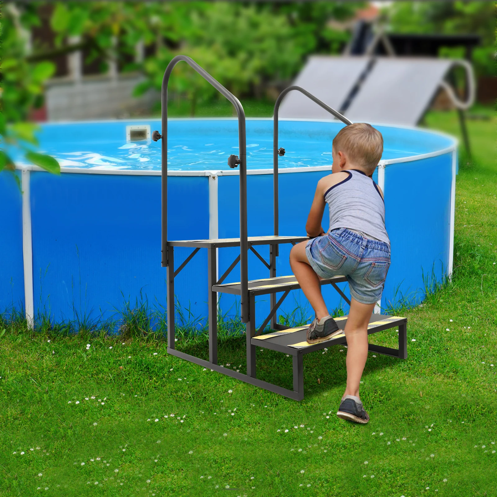 Gradini per camper neri con corrimano Scala per rimorchio da viaggio a 3 livelli Scala mobile pieghevole per casa Passo in acciaio resistente per camper Portico Spa