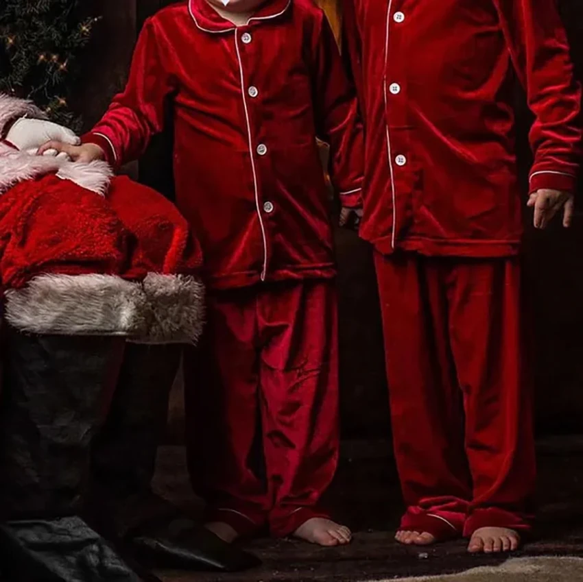 Mudbala طفل الفتيان الأحمر المخملية عيد الميلاد منامة الأسرة الكلاسيكية الفاخرة طفل الفتيات الأشقاء مطابقة بيجامة للأطفال مجموعة #3