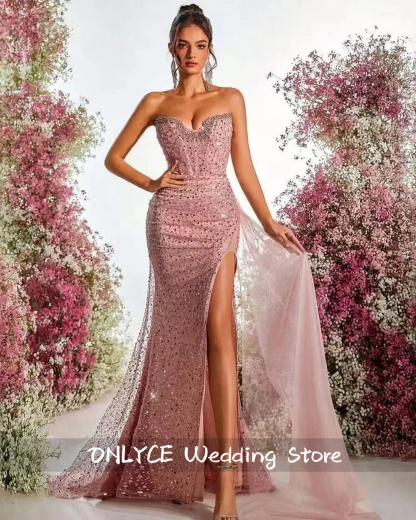 

Sparkly Pink Strapless New Luxury Women's Evening Dresses 2025 Dubai High Slit Celebrity Dress Prom Gown Long Vestido Customized