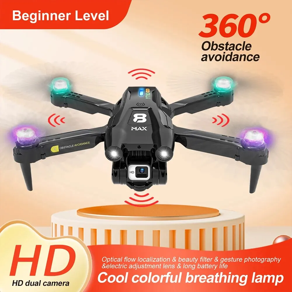 Drone com HD Dual Camera, Evitar Obstáculos 360 °, Fluxo de Luz, Hover, Elétrico, Ajustável, Lâmpada de Respiração Colorida, RC Quadcopter, YT163