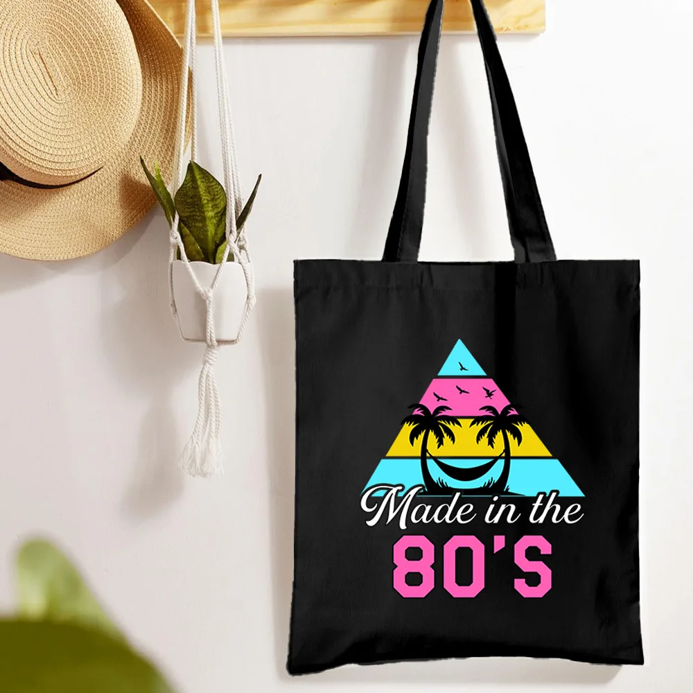 

Throwback Style 80s 90s Print Tote Bag - Black & White Canvas Reusable Shopping Bag, Multipurpose Hand Carry All Storage Bag