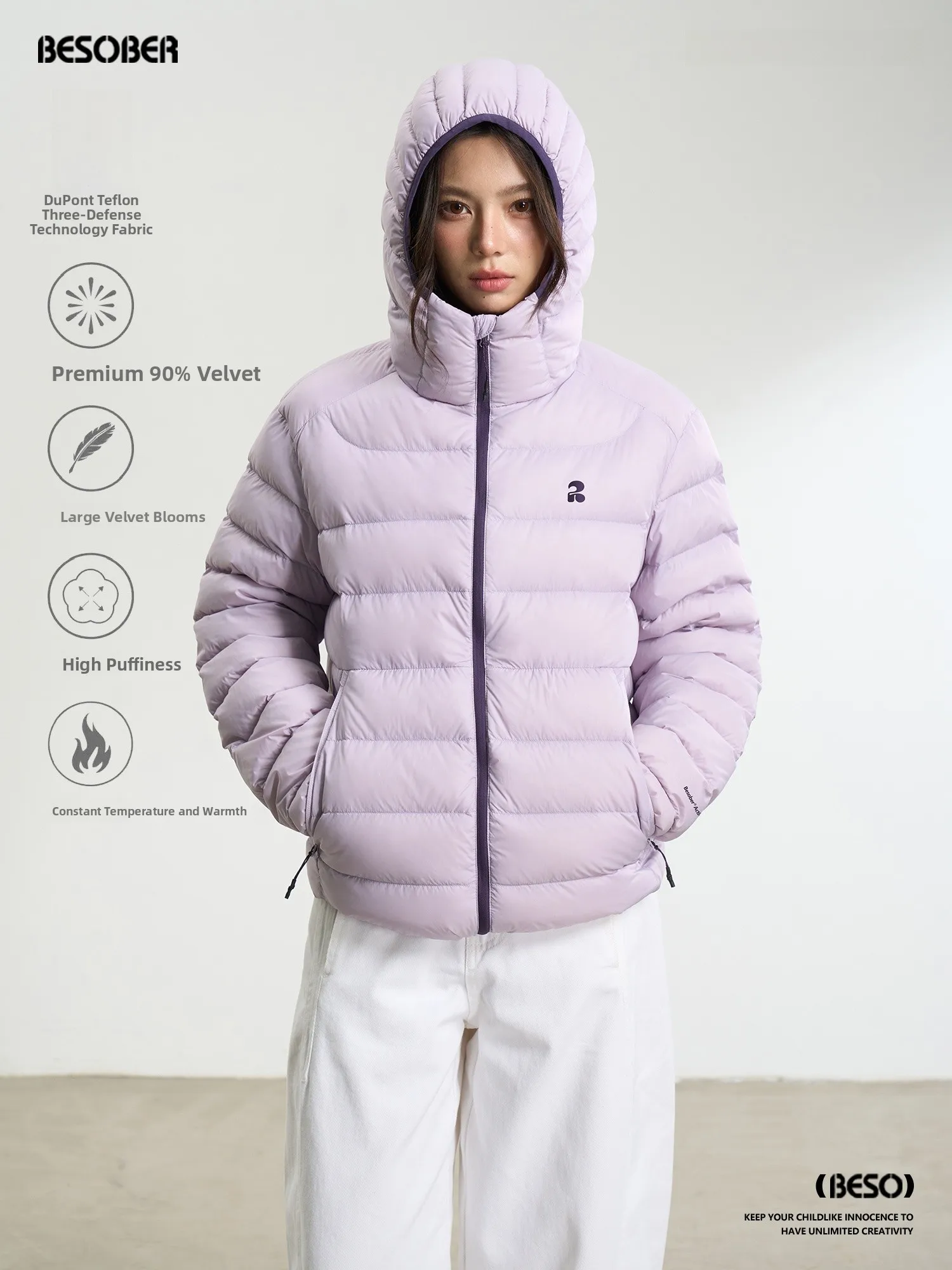 

Зимняя куртка BESOBER Original Purple Color Blo New National Stand 90 White Du down с капюшоном и ребристой внутренней отделкой