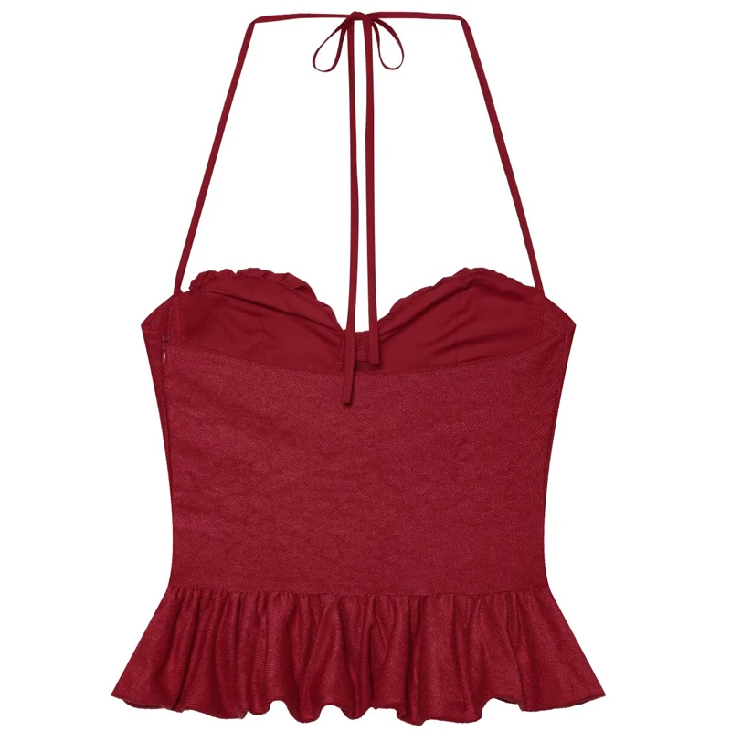 HXAO Halter Crop Top Damen Sommer 2026 Sexy Rotes Gerüschtes Camisole Bustier Ärmelloses Rückenfreies Top mit Trägern Streetwear Cami Top – Detail 5