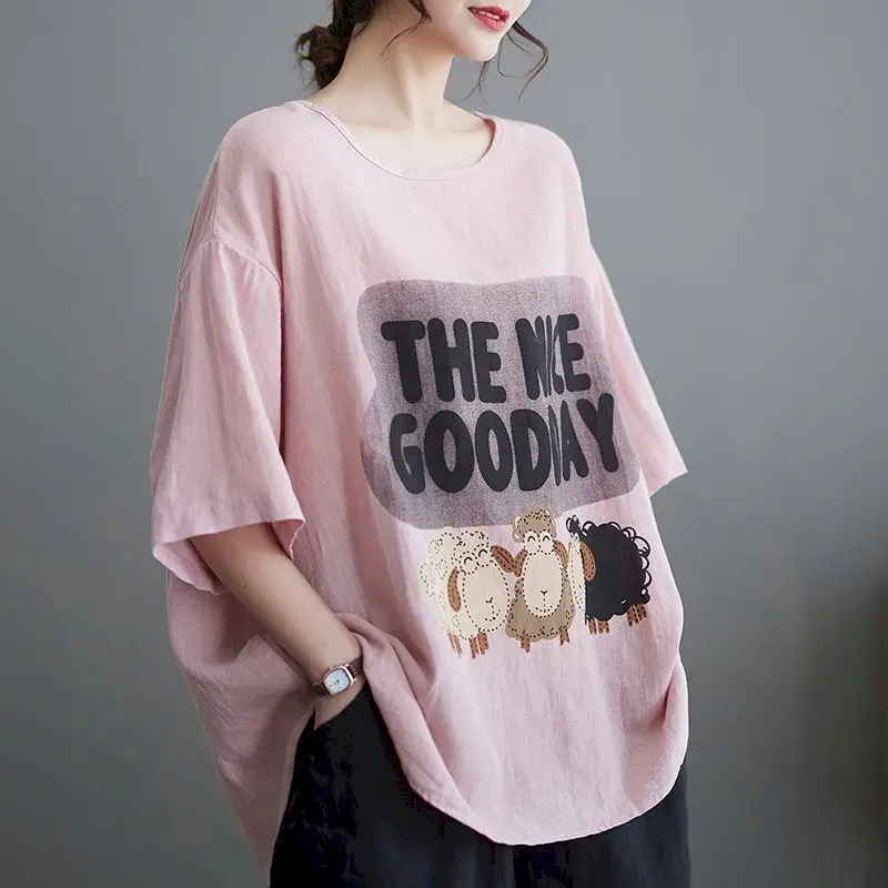 

Cotton Linen T Shirts Women Fashion Printed Loose Oversized T-shirt Casual Breathable Short Sleeve Tops Summer Trend Thin Tshirt