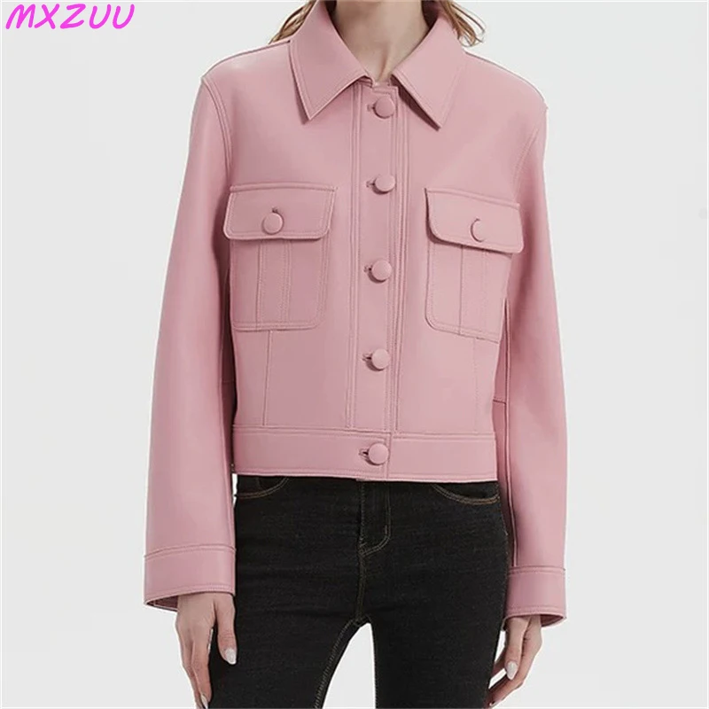 2024 Autumn Popular Genuine Leather Jacket Women Sheepskin High-End Polo Collar Tops Jassen Dames Slim Classic Short Blazer Coat