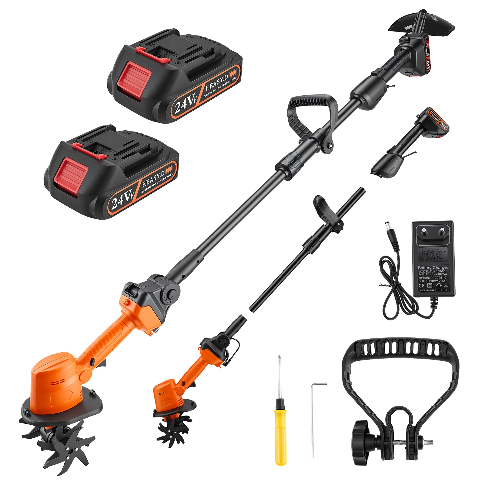 2-in-1 Tragbarer Kabelloser Bodenfräser und Gartenhacke, 21V Elektrische Gartenfräse mit Teleskopgriff zum Grabenziehen und Auflockern