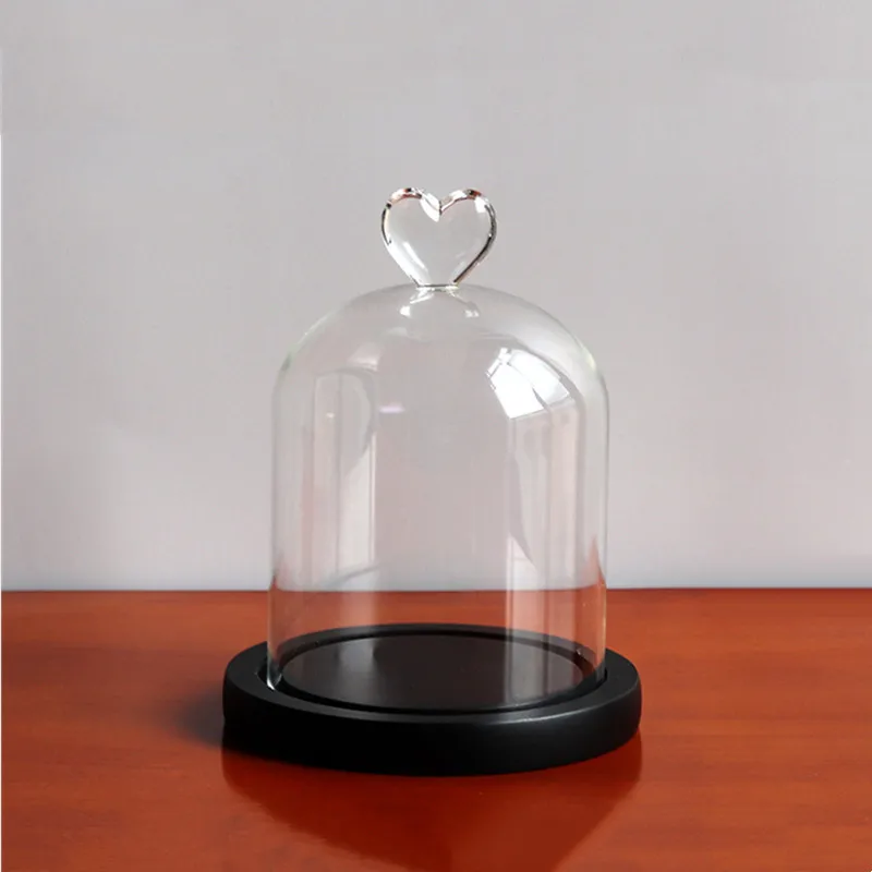 9*11cm Small Size Heart Top Glass Dome Vase Home Decoration Transparent Cover Black Base Wedding Prop DIY Friend Favor Gift