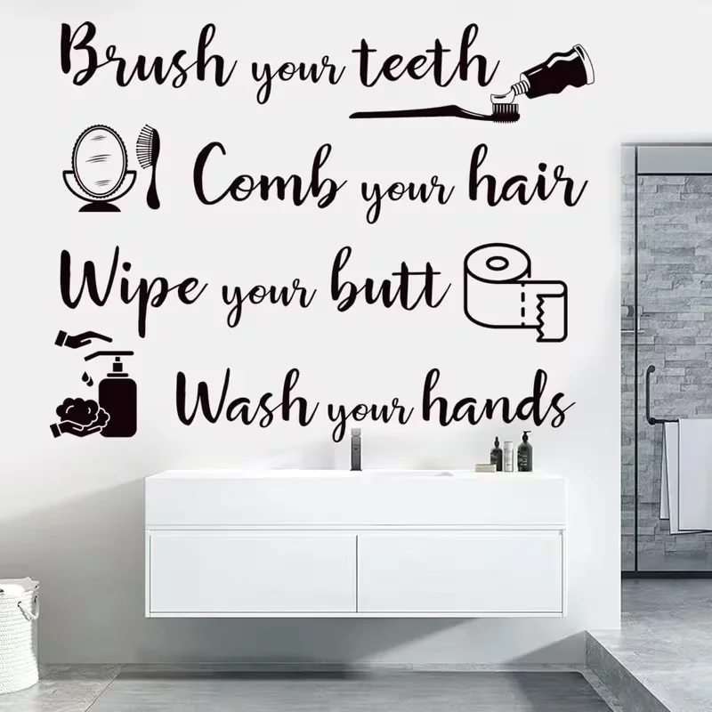 Funny Bathroom Wall Stickers - Toothbrush, Hairbrush, Soap Dispenser & Hands Washing Quotes - Self-Adhesive Bathroom Decor with