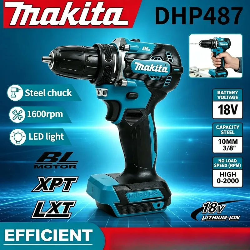 

Аккумуляторный шуруповерт Makita DHP487, бесщеточный ударный дрель-шуруповерт, компактный молотковый гайковерт 18В LXT