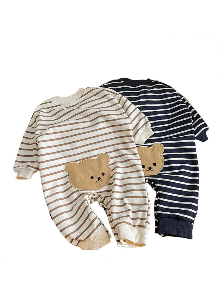 2025 primavera nuevo bebé mameluco de manga larga niño niña recién nacido algodón ropa Casual infantil mono de oso a rayas bebé Onesie 0-24M