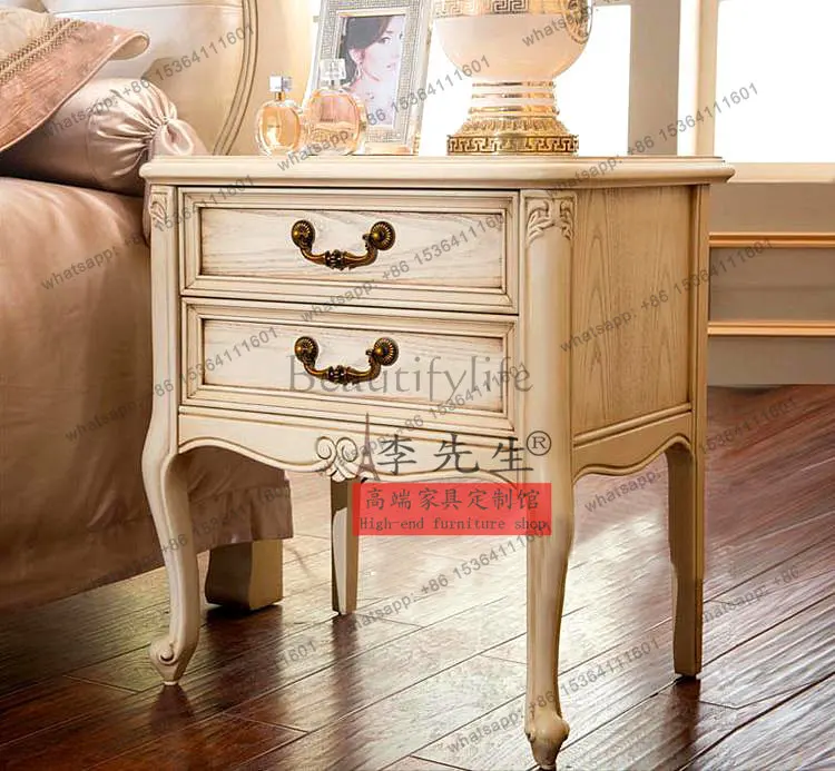 

French retro old carved oak white bedside table sofa corner table