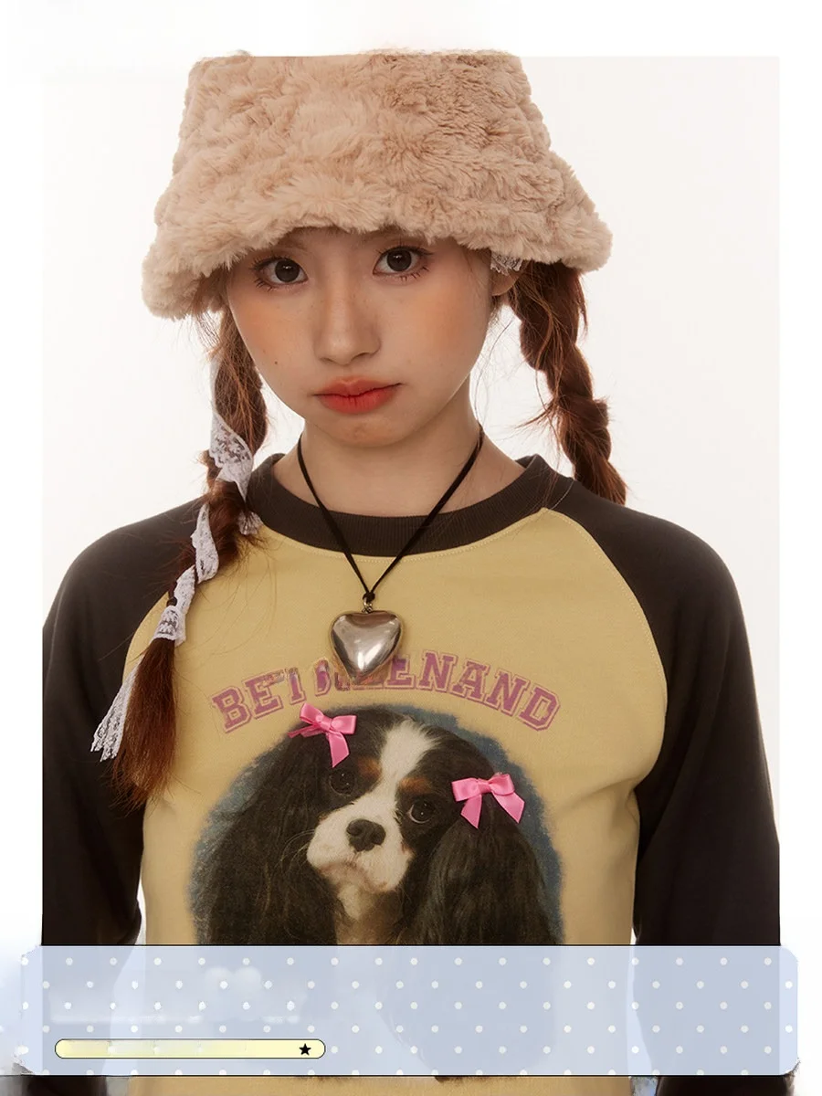 

BENAND Early Autumn Long Sve T-irt Women's oulder Insert Knot Double Tail Small Dog Print Slim Fit Top