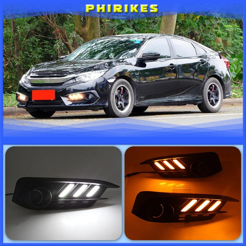 

Car 1 Set For Honda Civic 10th 2016 2017 2018 LED DRL Daytime Running Light Daylight Yellow Turn Signal Lamp Styling