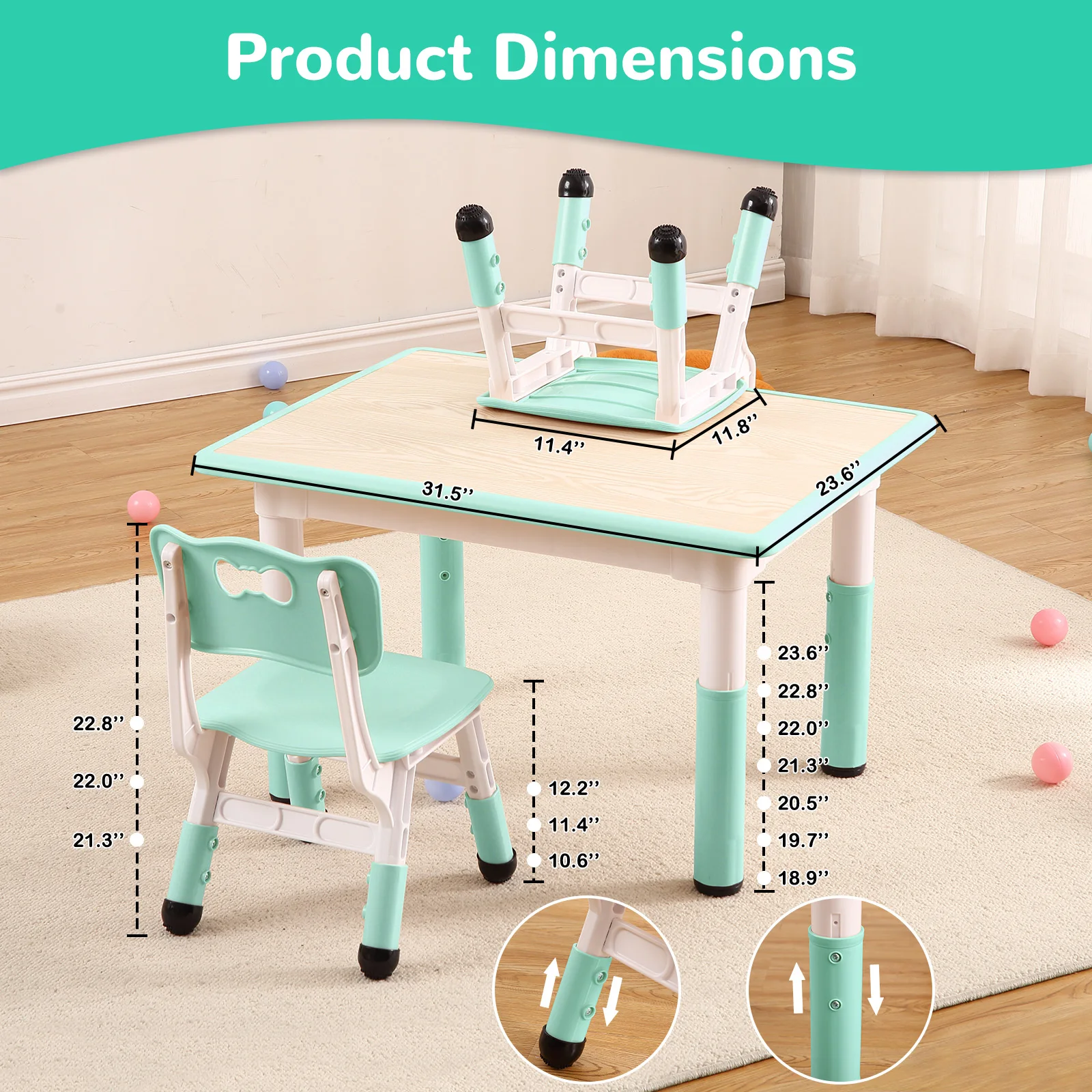 Conjunto de Mesa e Cadeiras para Crianças, Mesa Ajustável em Altura com 4 Assentos, Suporta até 300lbs, Mesa Multiatividades para Salas de Aula e Creches