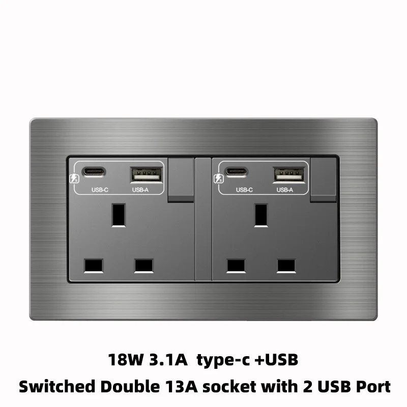 Aluminum Alloy Brushed Grey Panel Single Twin Socket with USB 3.1A Fast Charge Type C USB 13A UK Standard