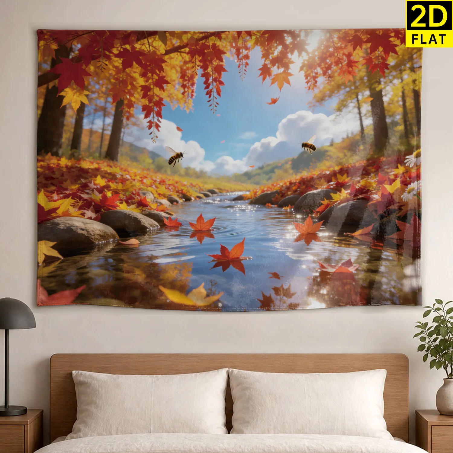 Premium Autumn Fall Leaves Landscape Tapestry Wall Hanging Decor Art Prints for Living Room Bedroom Woodland Scene Forest River