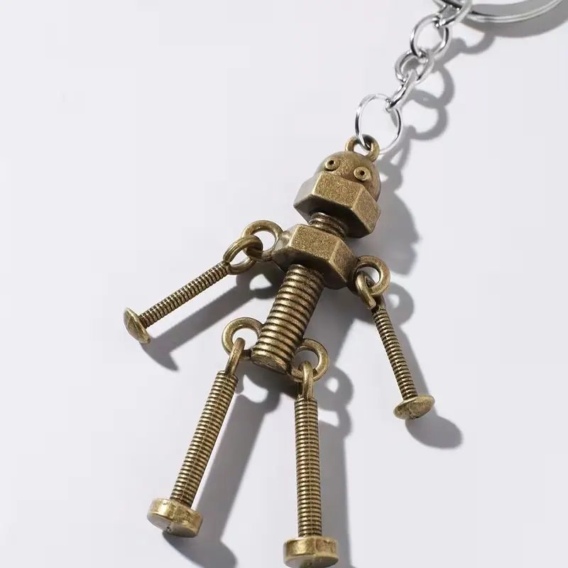 1 Vintage Bronze-Colored Sci-Fi Robot Keychain, Steampunk Alloy Keychain, Ring, Wallet, Backpack Pendant, Keychain Pendant, Articulated Robot, Men's Movable Screw Pendant