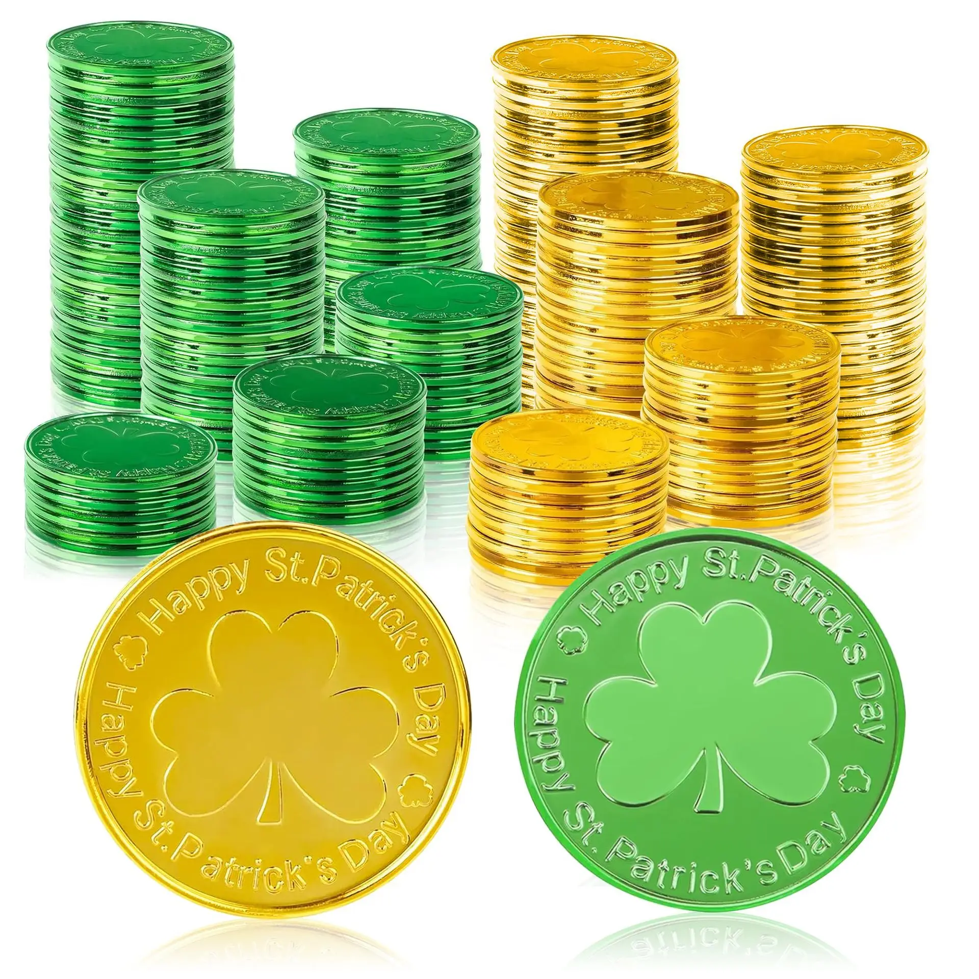 50/100Pcs Lucky Shamrock Clover Plastic Pirate Coins for Birthday Irish Saint St. Patrick's Day Theme Party Favors Decoration